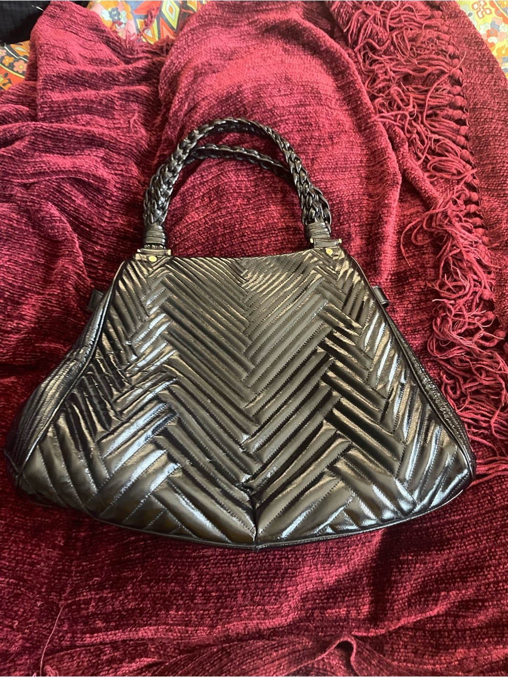 Cole Haan Laury Black Patent Leather Quilted Chevron Tote Bag Hobo Purse